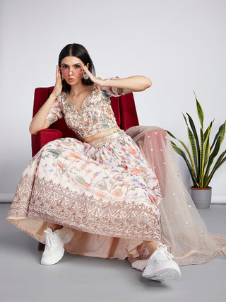 Cream colour Organza Floral design digital print Semi-Stitched Lehenga choli & Dupatta Clothsvilla