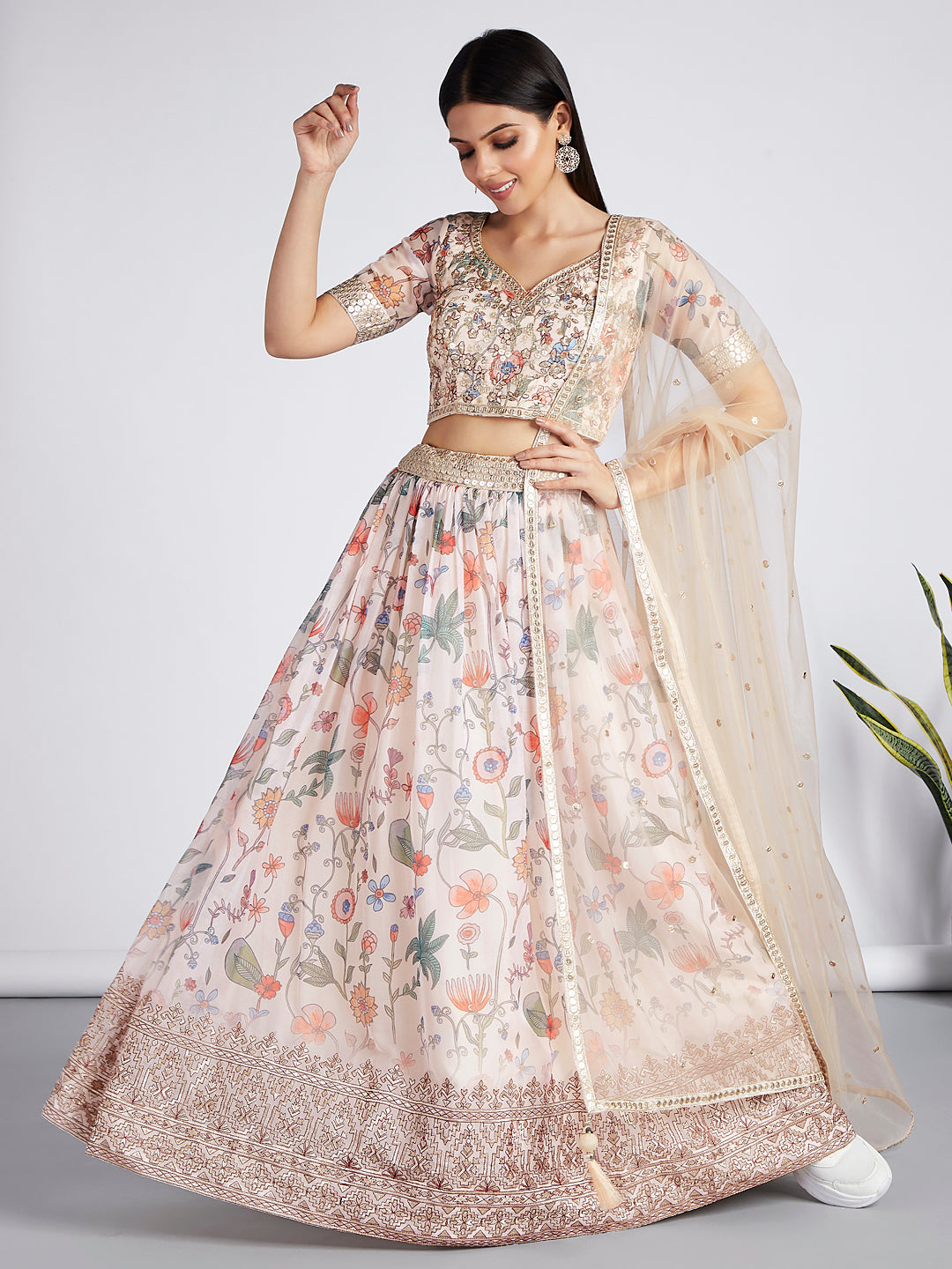 Cream colour Organza Floral design digital print Semi-Stitched Lehenga choli & Dupatta Clothsvilla