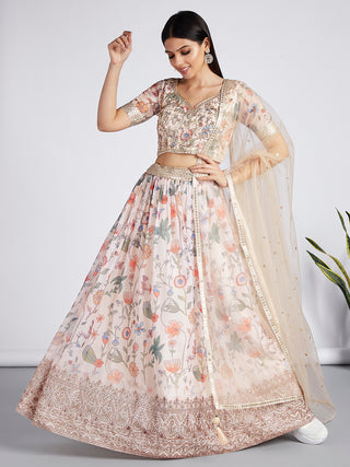 Cream colour Organza Floral design digital print Semi-Stitched Lehenga choli & Dupatta Clothsvilla