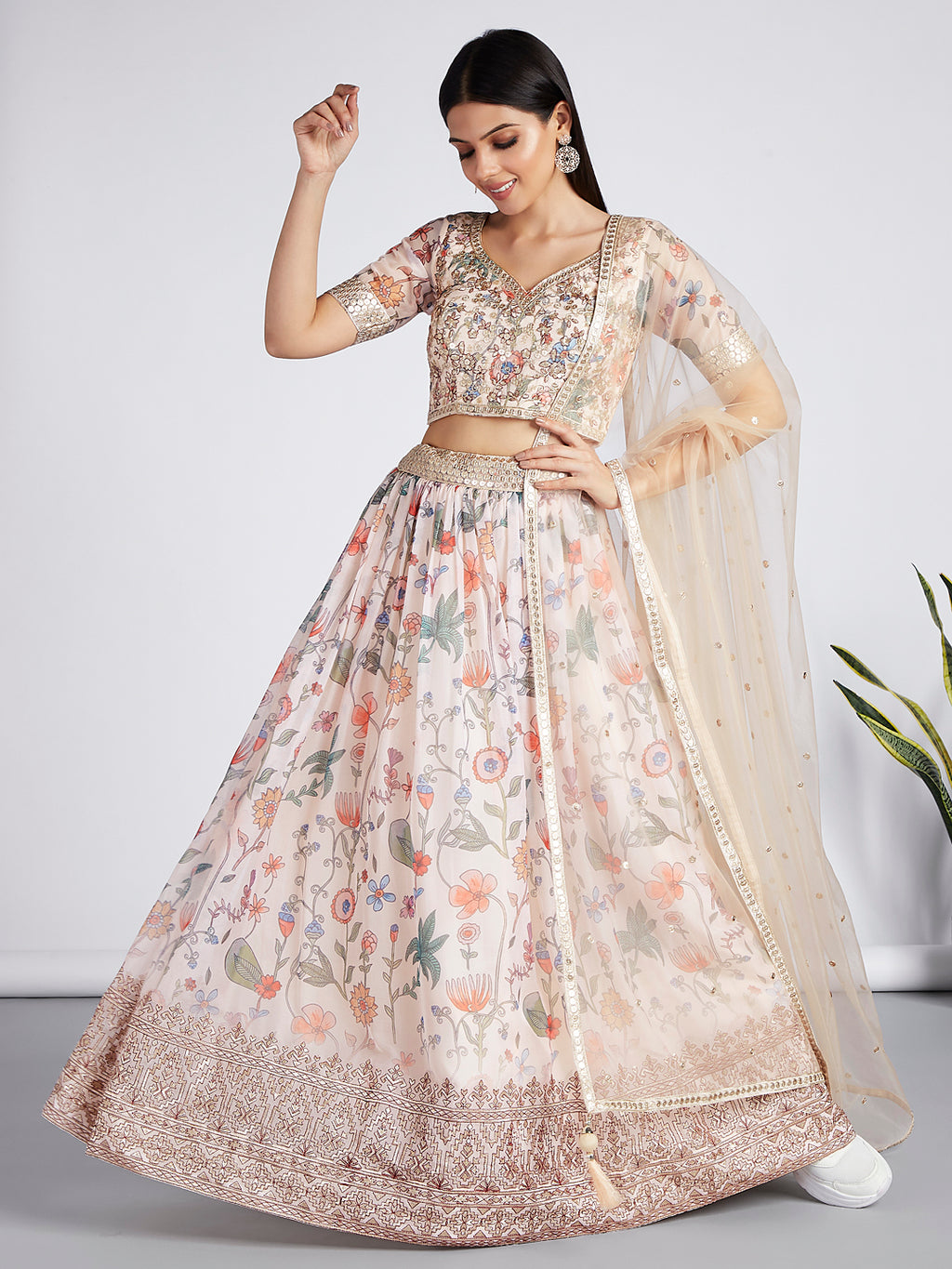 Cream colour Organza Floral design digital print Semi-Stitched Lehenga choli & Dupatta Clothsvilla
