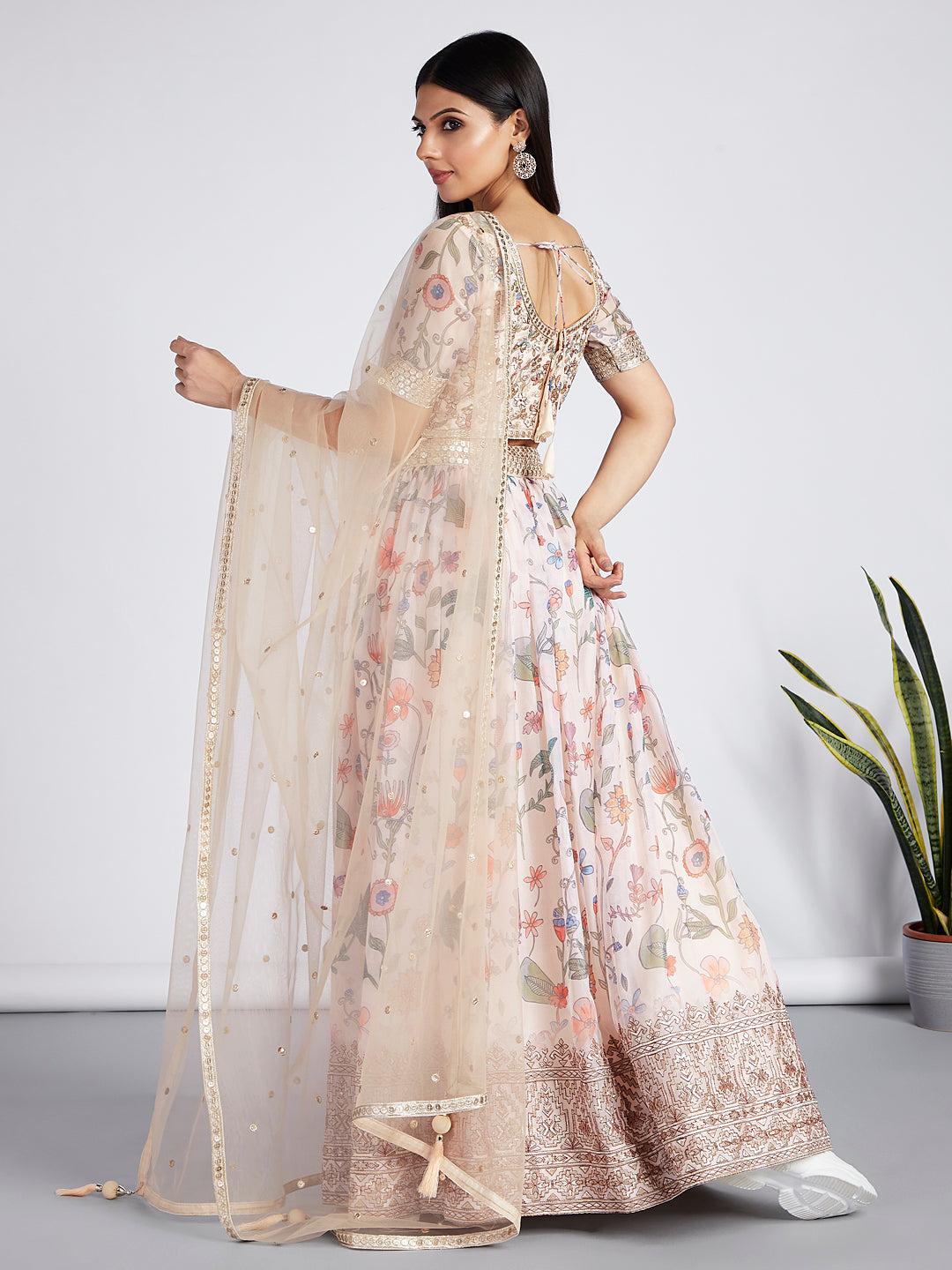 Cream colour Organza Floral design digital print Semi-Stitched Lehenga choli & Dupatta Clothsvilla