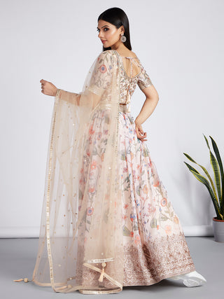 Cream colour Organza Floral design digital print Semi-Stitched Lehenga choli & Dupatta Clothsvilla