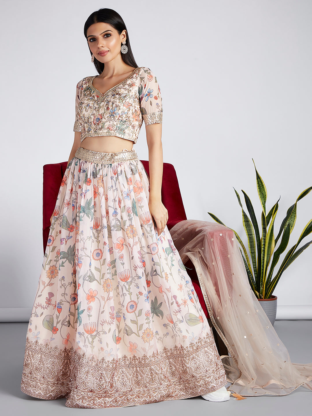 Cream colour Organza Floral design digital print Semi-Stitched Lehenga choli & Dupatta Clothsvilla