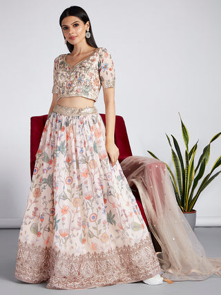 Cream colour Organza Floral design digital print Semi-Stitched Lehenga choli & Dupatta Clothsvilla