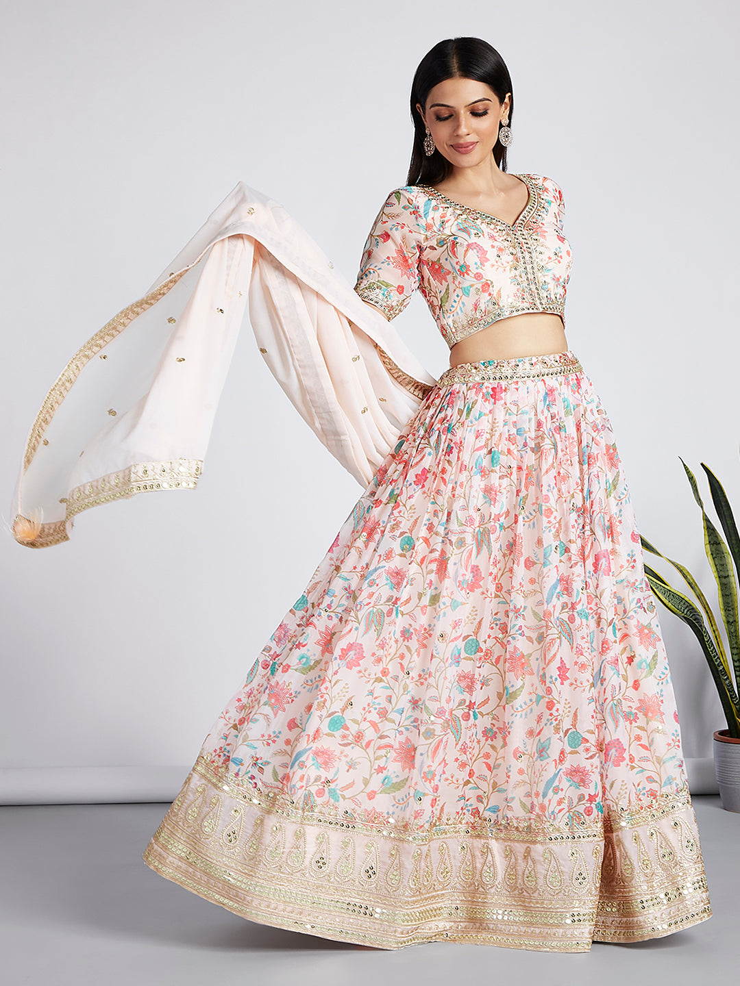 Cream colour Organza Floral design digital print Semi-Stitched Lehenga choli & Dupatta ClothsVilla