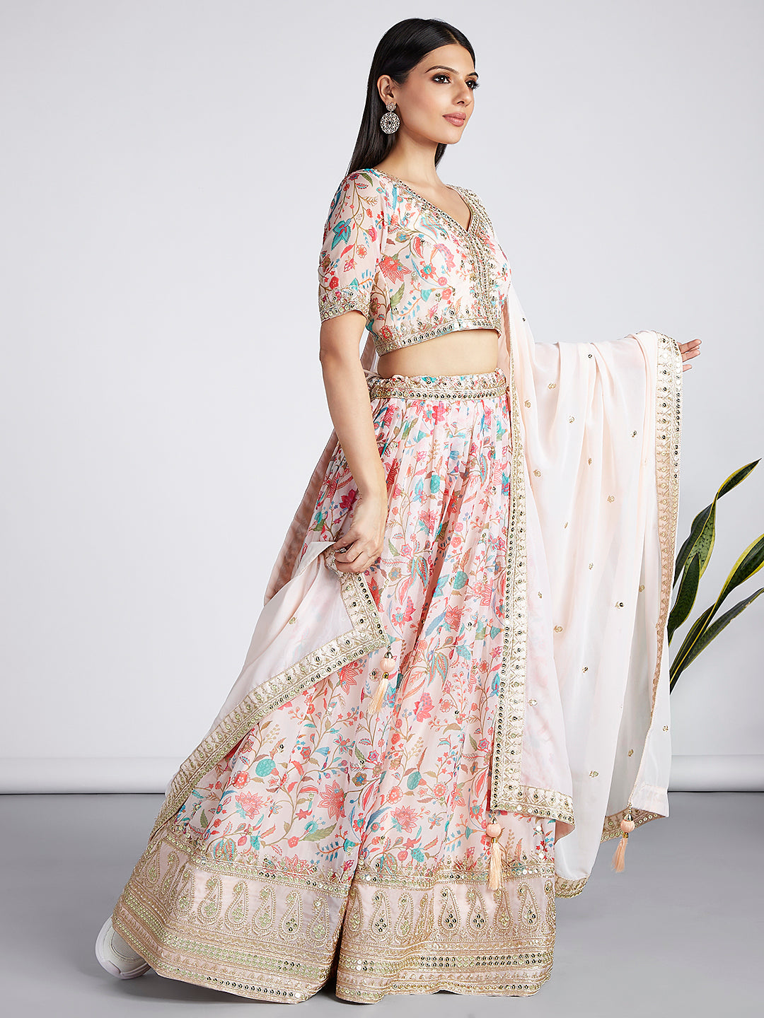 Cream colour Organza Floral design digital print Semi-Stitched Lehenga choli & Dupatta ClothsVilla
