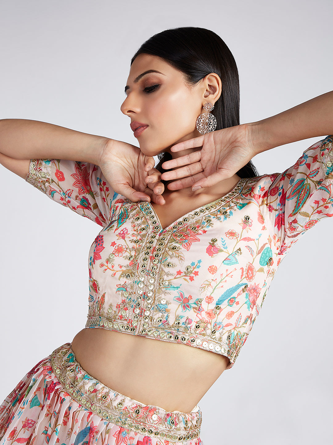 Cream colour Organza Floral design digital print Semi-Stitched Lehenga choli & Dupatta ClothsVilla