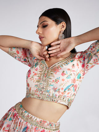 Cream colour Organza Floral design digital print Semi-Stitched Lehenga choli & Dupatta ClothsVilla