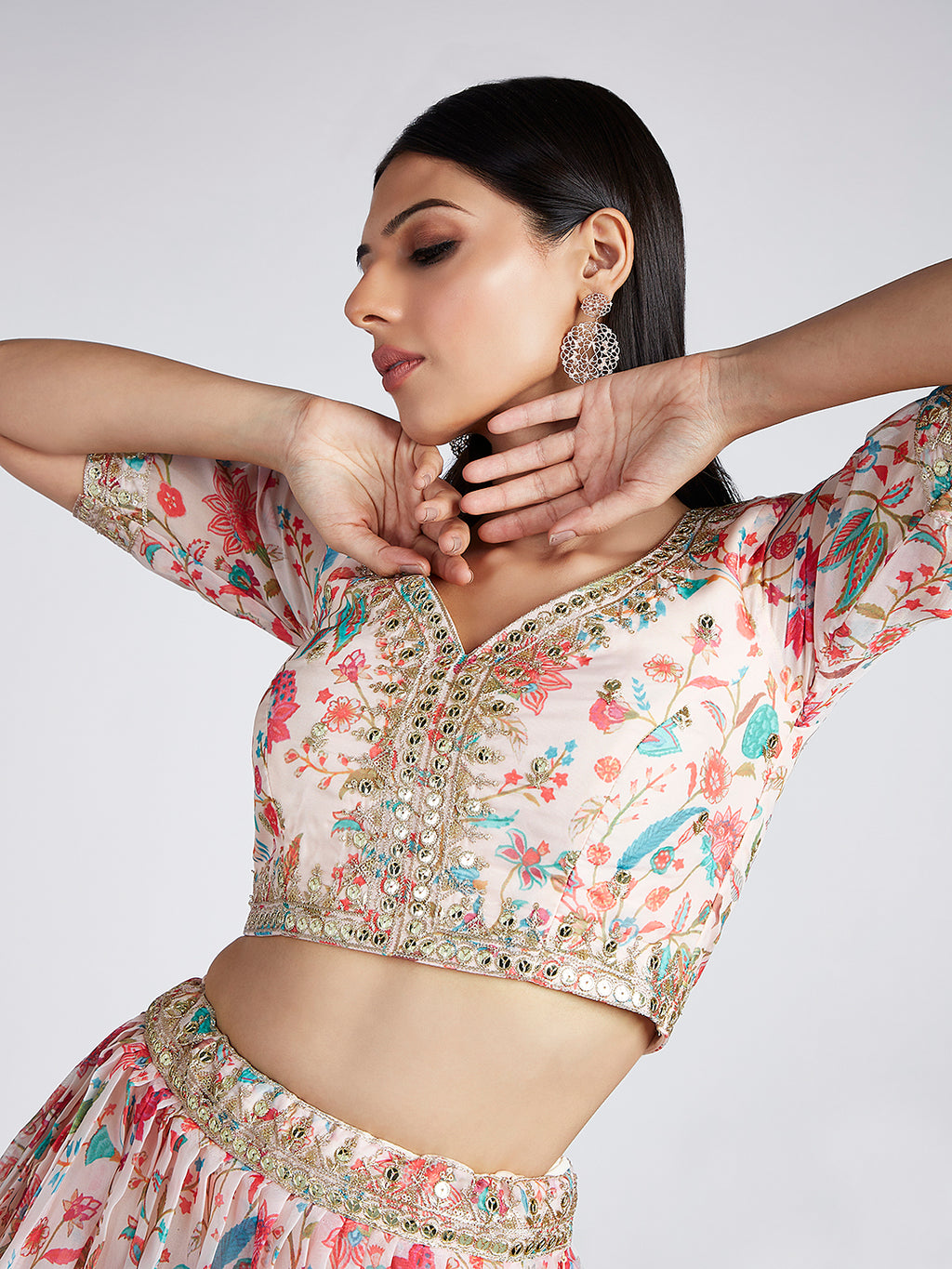 Cream colour Organza Floral design digital print Semi-Stitched Lehenga choli & Dupatta ClothsVilla