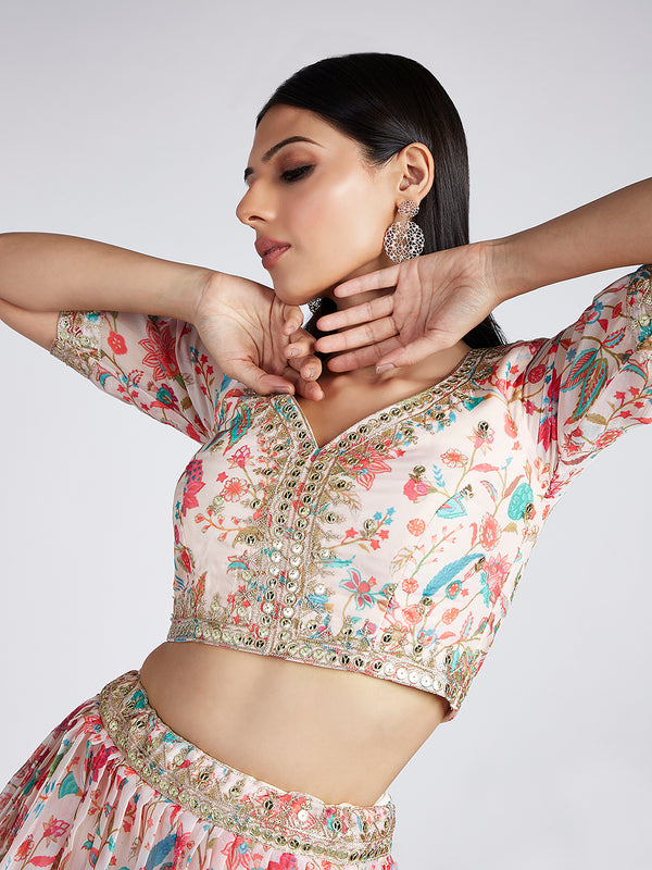 Cream colour Organza Floral design digital print Semi-Stitched Lehenga choli & Dupatta ClothsVilla