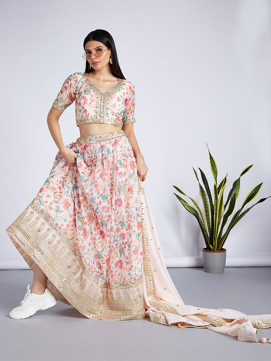 Cream colour Organza Floral design digital print Semi-Stitched Lehenga choli & Dupatta ClothsVilla