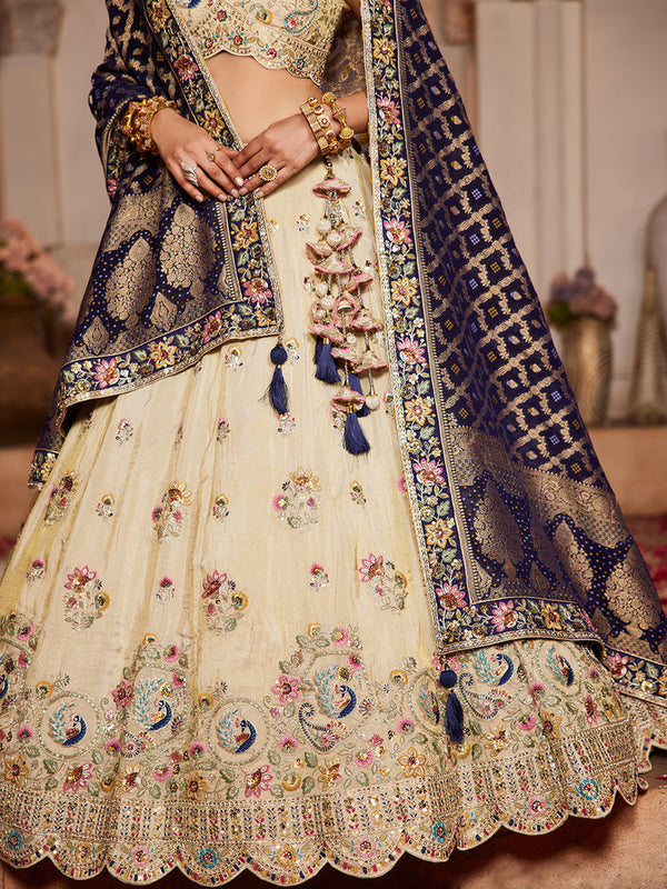 Cream colour Tissue Sequinse embroidery Semi-Stitched Lehenga choli & Dupatta ClothsVilla