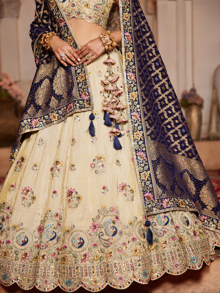 Cream colour Tissue Sequinse embroidery Semi-Stitched Lehenga choli & Dupatta ClothsVilla