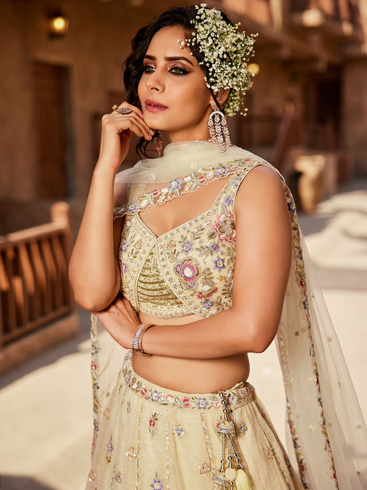 Cream colour Tissue Sequinse embroidery Semi-Stitched Lehenga choli & Dupatta ClothsVilla