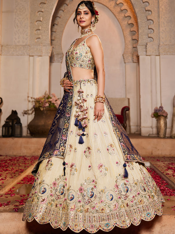 Cream colour Tissue Sequinse embroidery Semi-Stitched Lehenga choli & Dupatta ClothsVilla