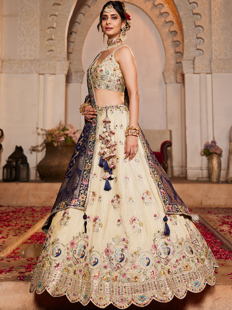 Cream colour Tissue Sequinse embroidery Semi-Stitched Lehenga choli & Dupatta ClothsVilla