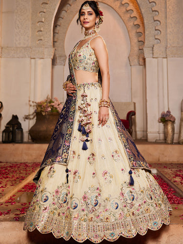 Cream colour Tissue Sequinse embroidery Semi-Stitched Lehenga choli & Dupatta ClothsVilla