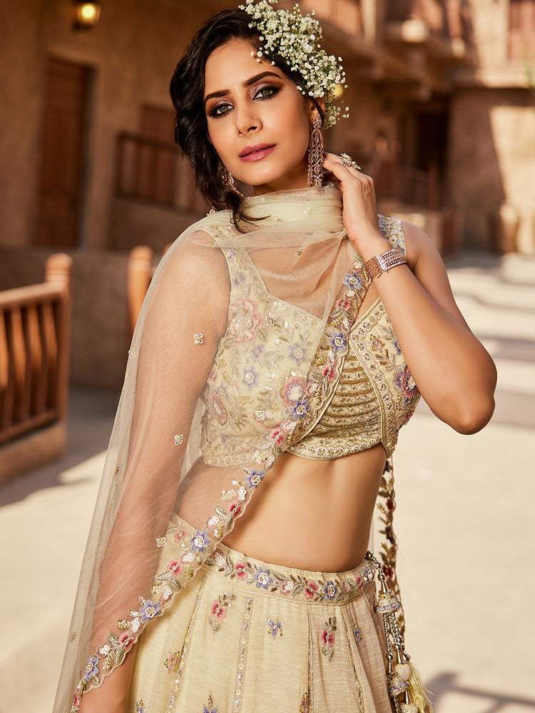 Cream colour Tissue Sequinse embroidery Semi-Stitched Lehenga choli & Dupatta ClothsVilla