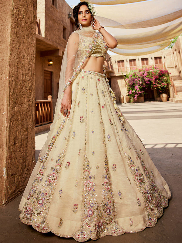 Cream colour Tissue Sequinse embroidery Semi-Stitched Lehenga choli & Dupatta ClothsVilla