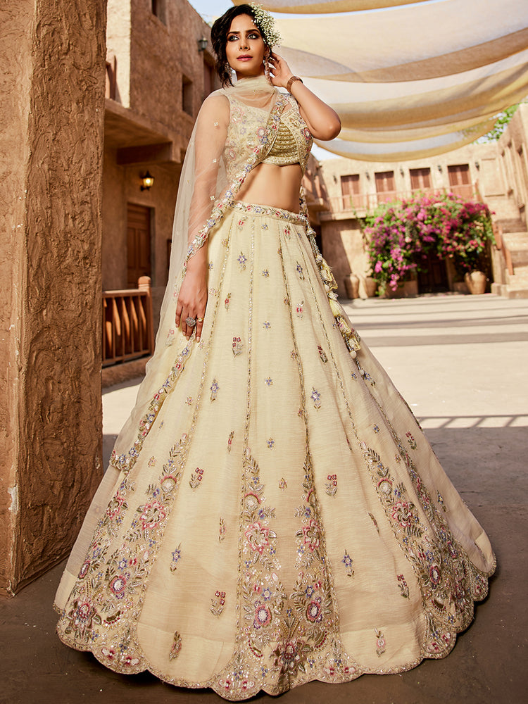 Cream colour Tissue Sequinse embroidery Semi-Stitched Lehenga choli & Dupatta ClothsVilla
