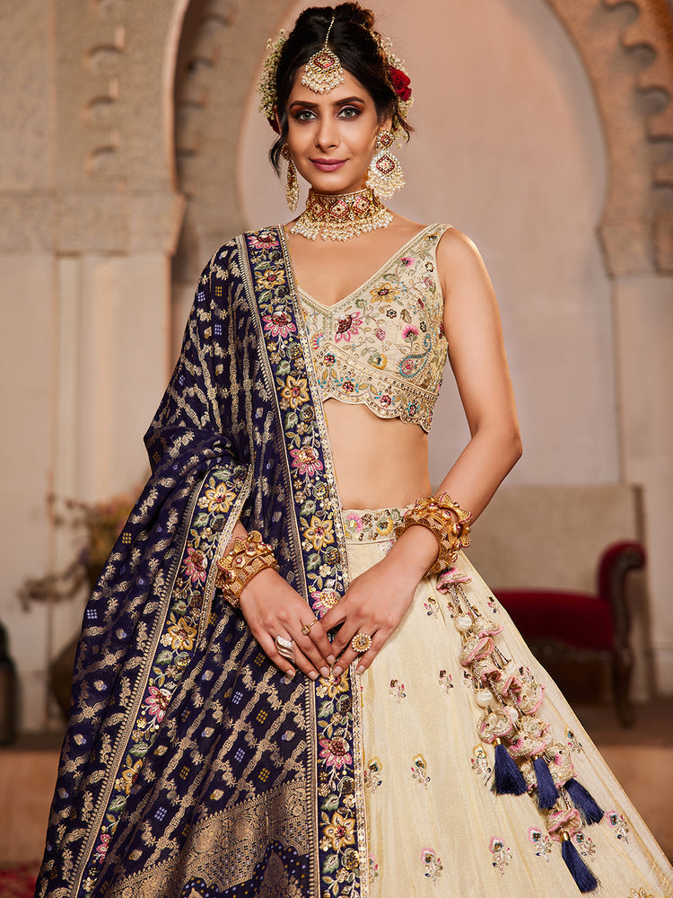 Cream colour Tissue Sequinse embroidery Semi-Stitched Lehenga choli & Dupatta ClothsVilla