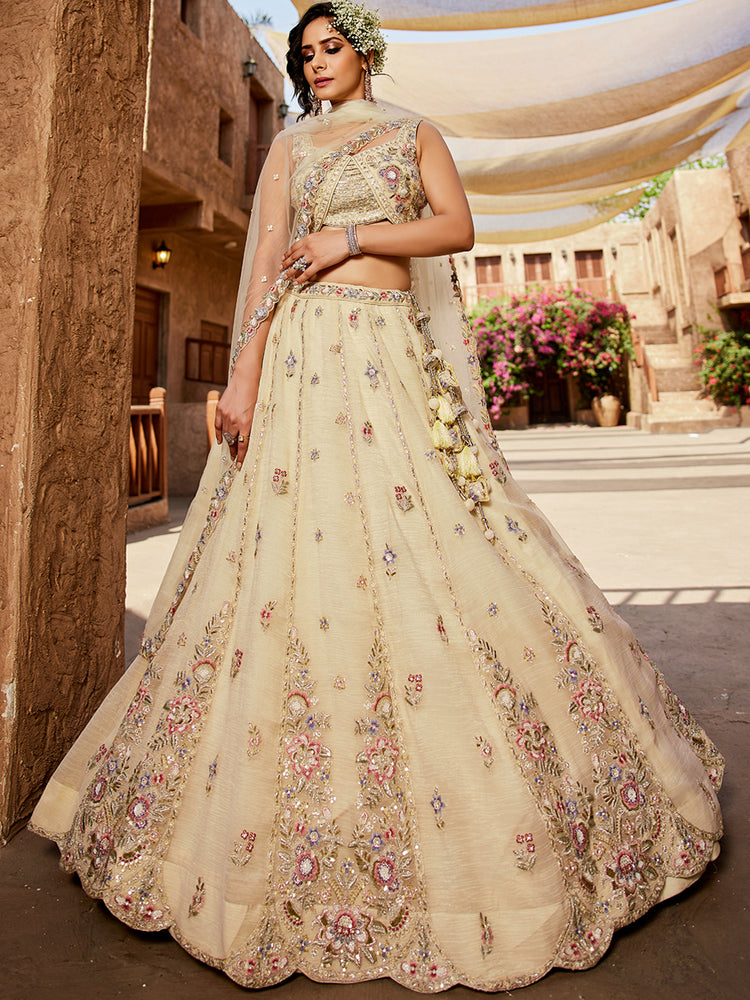 Cream colour Tissue Sequinse embroidery Semi-Stitched Lehenga choli & Dupatta ClothsVilla