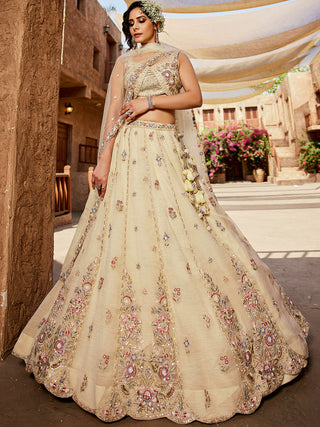 Cream colour Tissue Sequinse embroidery Semi-Stitched Lehenga choli & Dupatta ClothsVilla