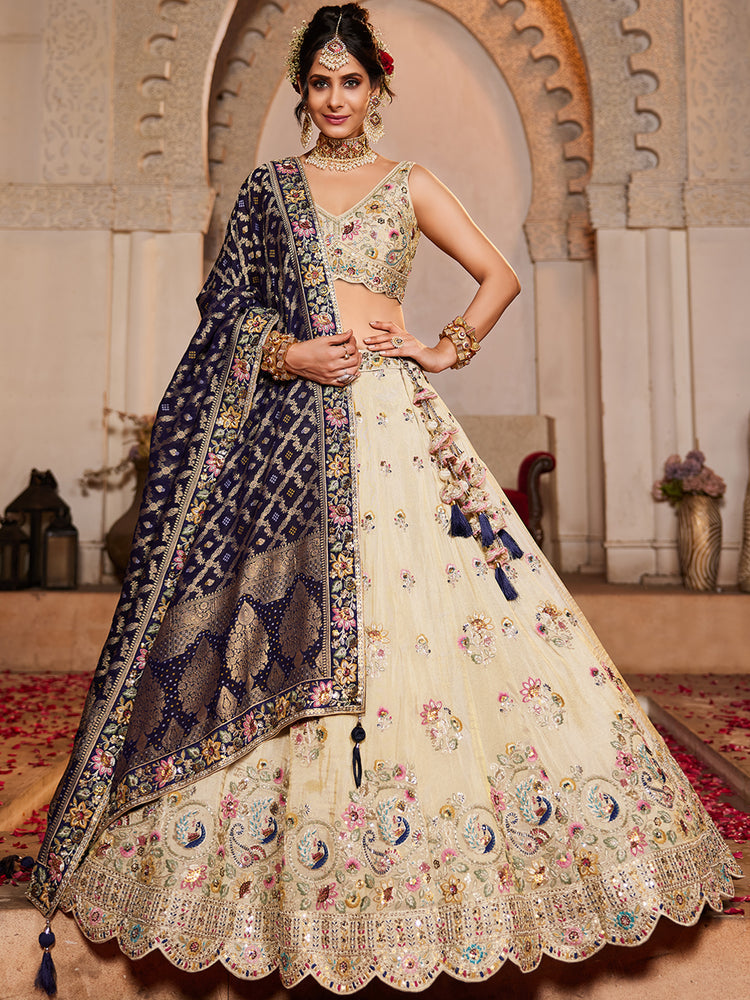 Cream colour Tissue Sequinse embroidery Semi-Stitched Lehenga choli & Dupatta ClothsVilla