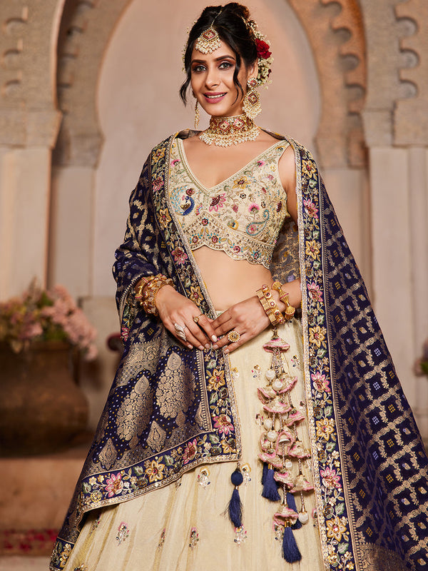 Cream colour Tissue Sequinse embroidery Semi-Stitched Lehenga choli & Dupatta ClothsVilla