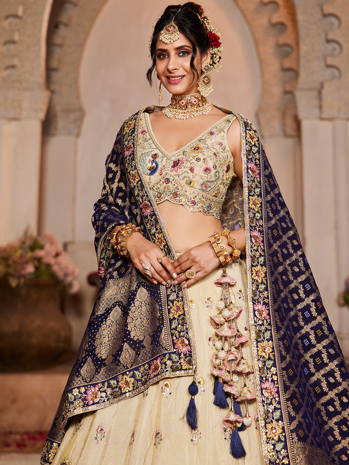 Cream colour Tissue Sequinse embroidery Semi-Stitched Lehenga choli & Dupatta ClothsVilla