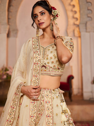 Cream colour Tissue Sequinse embroidery Semi-Stitched Lehenga choli & Dupatta ClothsVilla