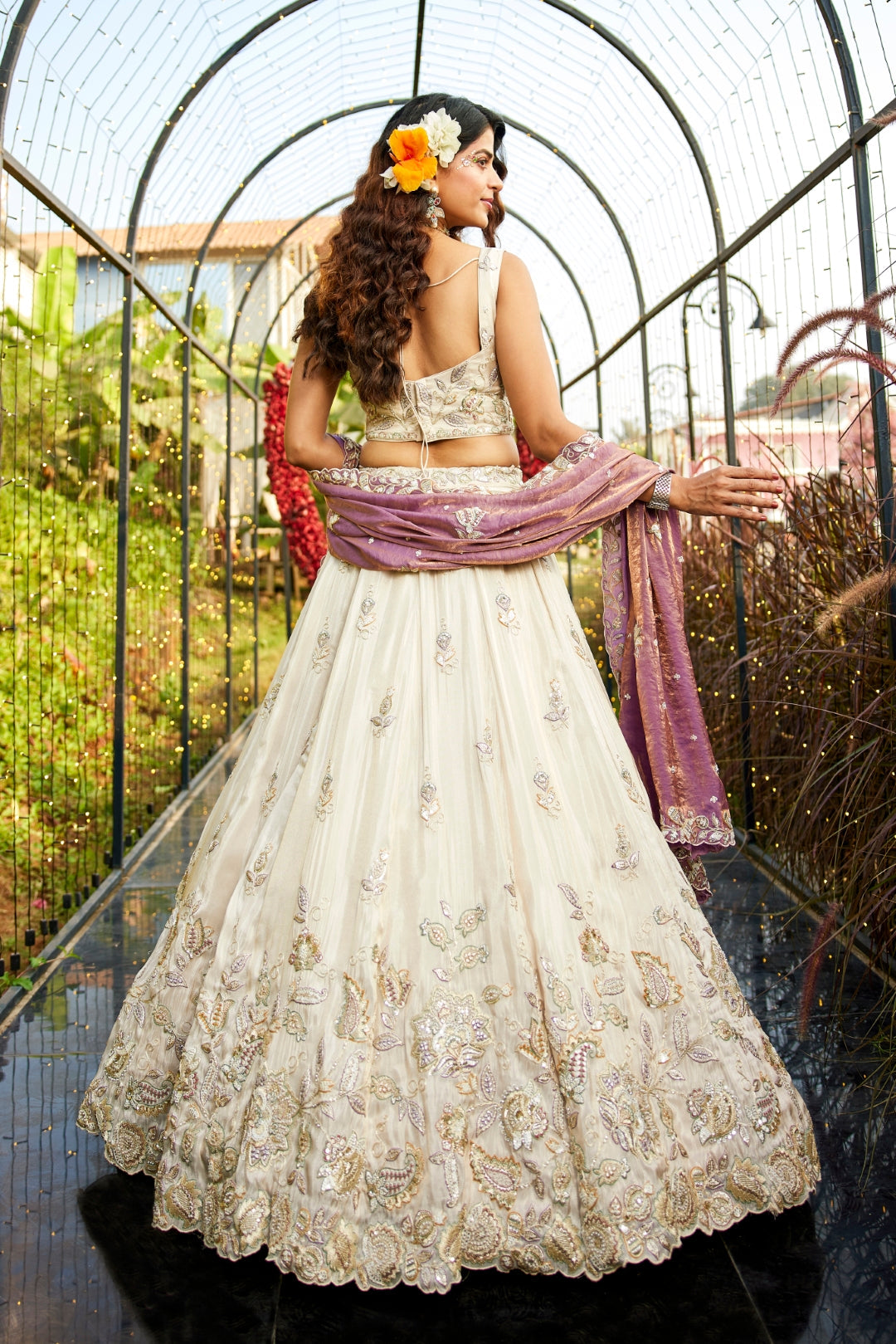 Cream colour tissue with Sequins & Thread Embroidered Semi-Stitched Lehenga Choli with Dupatta Clothsvilla