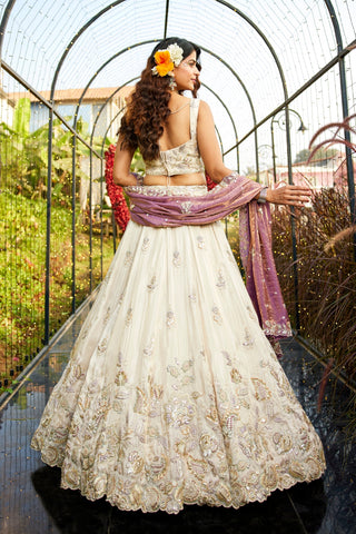 Cream colour tissue with Sequins & Thread Embroidered Semi-Stitched Lehenga Choli with Dupatta Clothsvilla