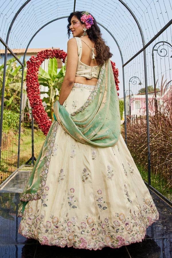 Cream colour tissue with Sequins & Thread Embroidered Semi-Stitched Lehenga Choli with Dupatta Clothsvilla