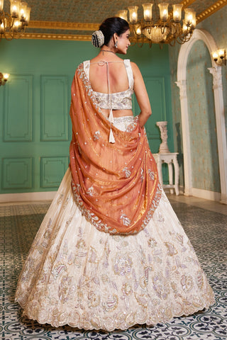 Cream colour tissue with Sequins & Thread Embroidered Semi-Stitched Lehenga Choli with Dupatta Clothsvilla