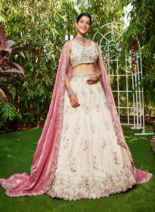 Cream colour tissue with Sequins & Thread Embroidered Semi-Stitched Lehenga Choli with Dupatta Clothsvilla