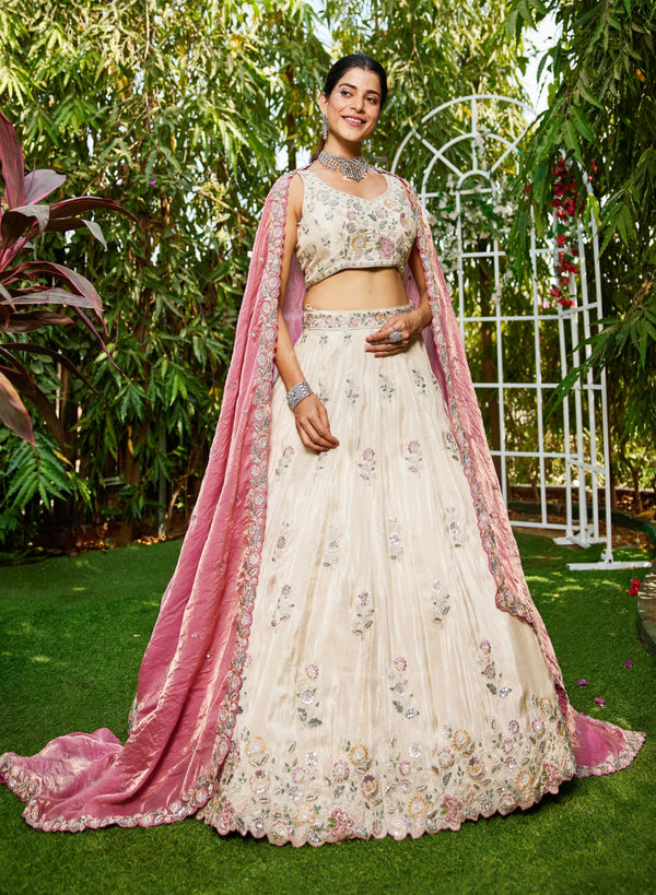 Cream colour tissue with Sequins & Thread Embroidered Semi-Stitched Lehenga Choli with Dupatta Clothsvilla