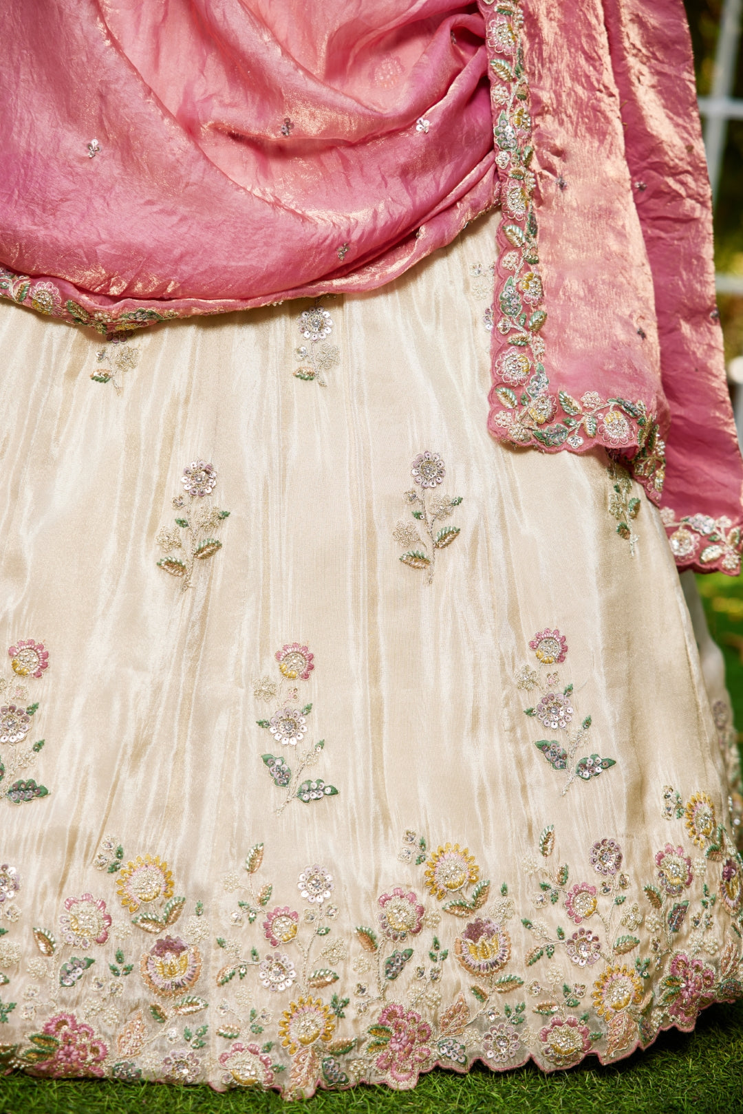 Cream colour tissue with Sequins & Thread Embroidered Semi-Stitched Lehenga Choli with Dupatta Clothsvilla