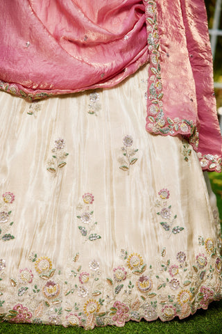 Cream colour tissue with Sequins & Thread Embroidered Semi-Stitched Lehenga Choli with Dupatta Clothsvilla