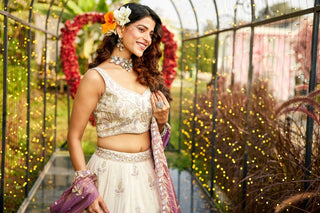 Cream colour tissue with Sequins & Thread Embroidered Semi-Stitched Lehenga Choli with Dupatta Clothsvilla