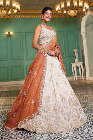 Cream colour tissue with Sequins & Thread Embroidered Semi-Stitched Lehenga Choli with Dupatta Clothsvilla