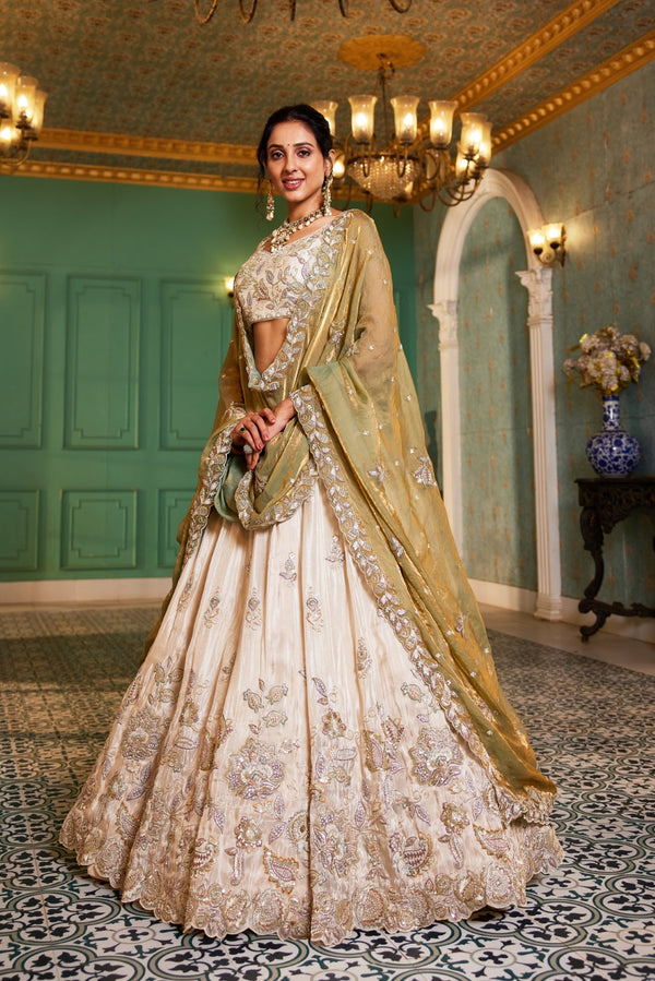 Cream colour tissue with Sequins & Thread Embroidered Semi-Stitched Lehenga Choli with Dupatta Clothsvilla