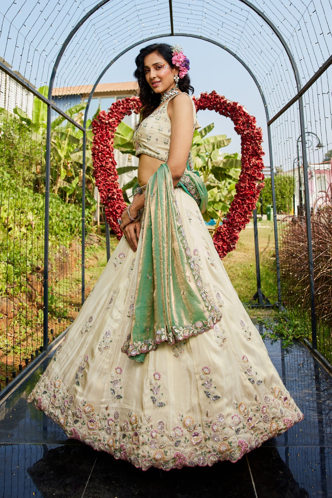 Cream colour tissue with Sequins & Thread Embroidered Semi-Stitched Lehenga Choli with Dupatta Clothsvilla