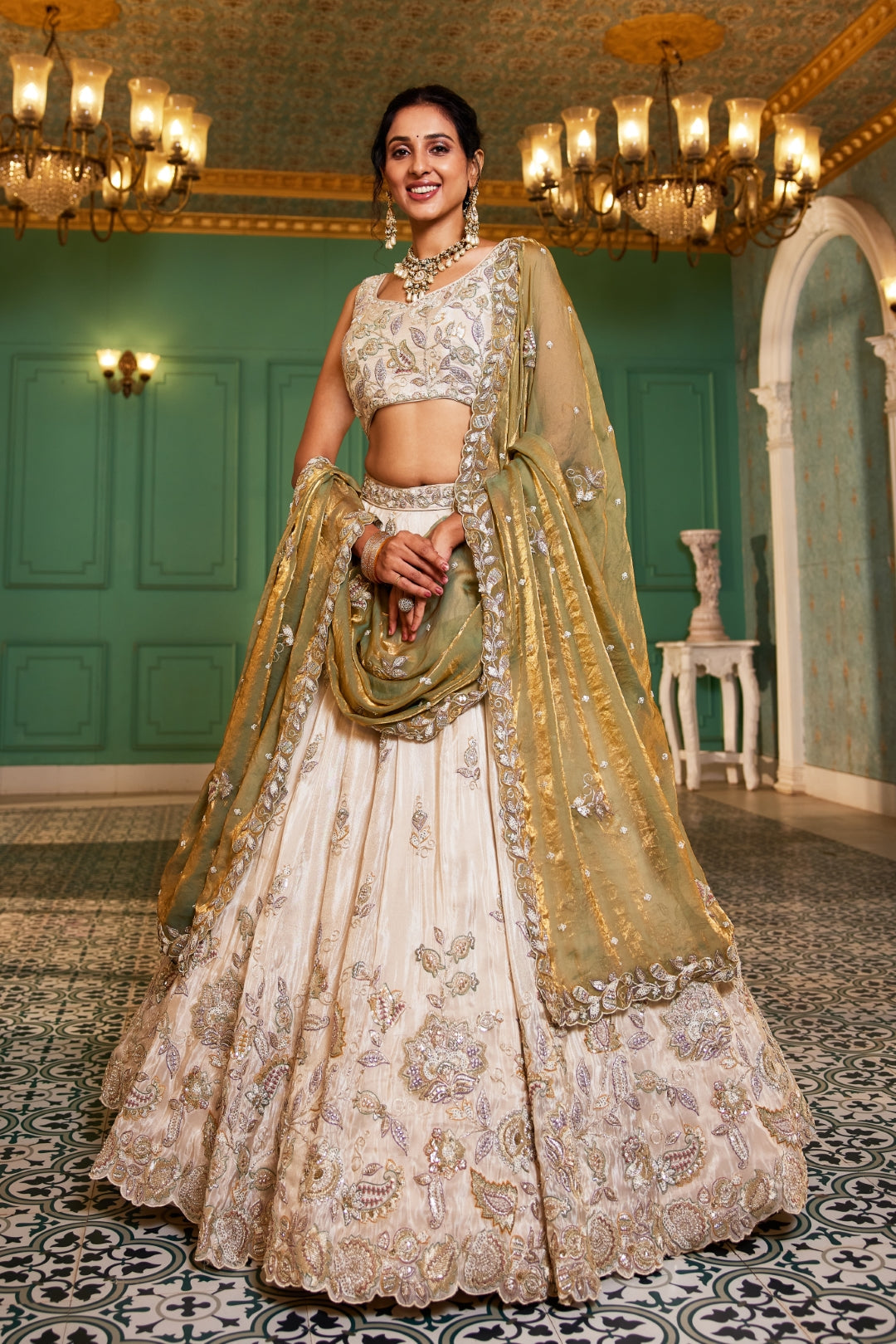 Cream colour tissue with Sequins & Thread Embroidered Semi-Stitched Lehenga Choli with Dupatta Clothsvilla