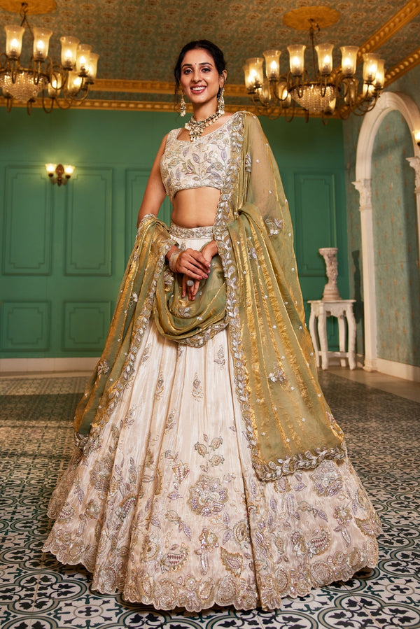 Cream colour tissue with Sequins & Thread Embroidered Semi-Stitched Lehenga Choli with Dupatta Clothsvilla