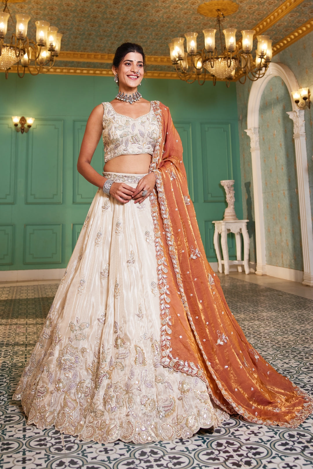 Cream colour tissue with Sequins & Thread Embroidered Semi-Stitched Lehenga Choli with Dupatta Clothsvilla