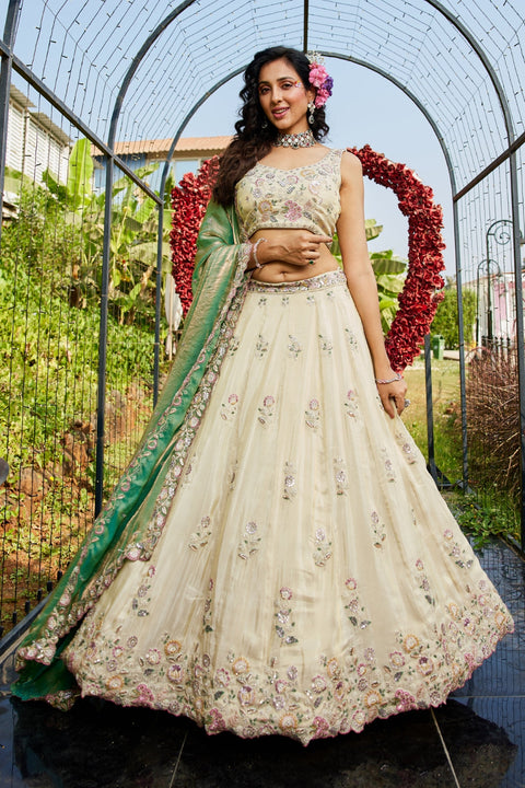 Cream colour tissue with Sequins & Thread Embroidered Semi-Stitched Lehenga Choli with Dupatta Clothsvilla Main image