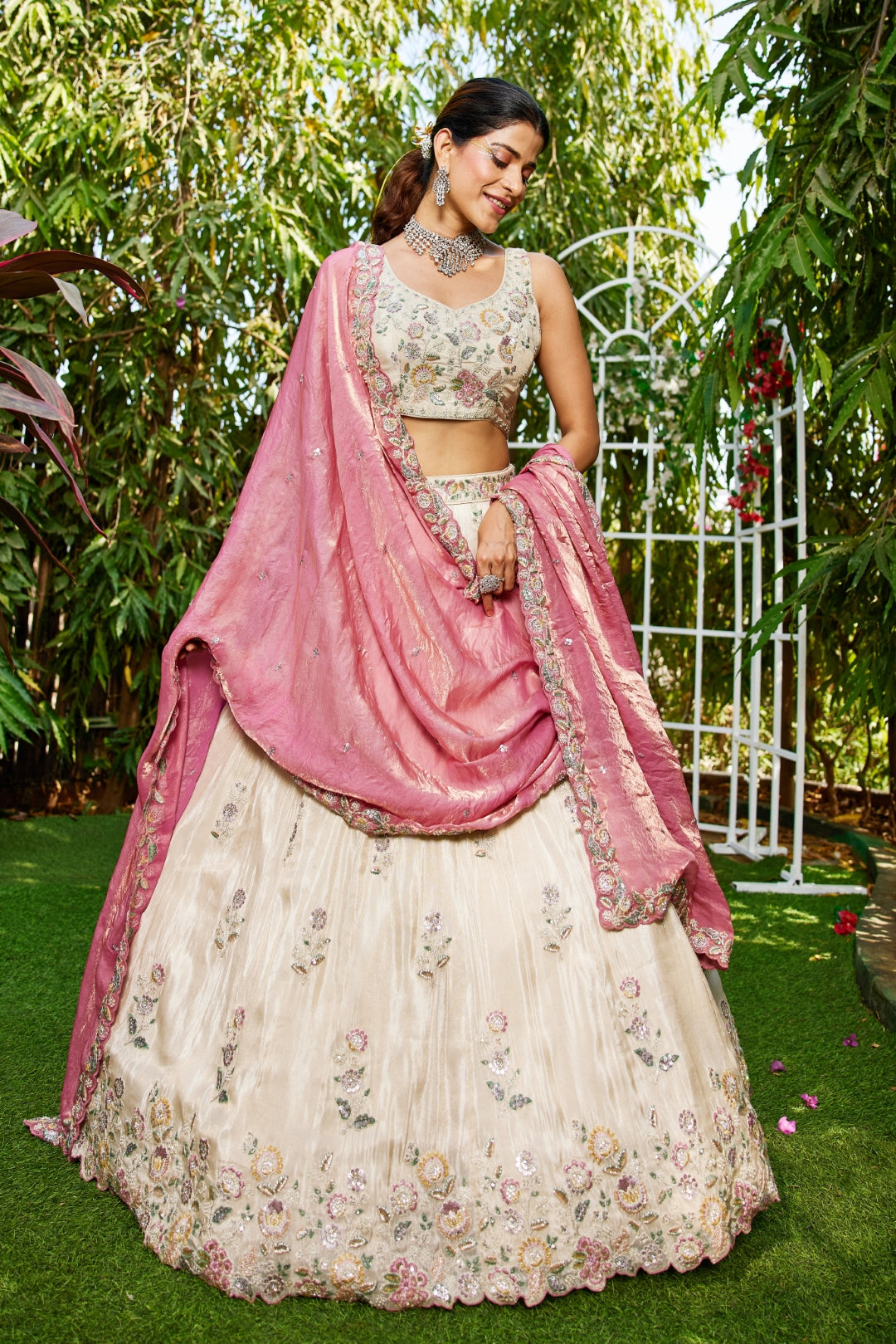 Cream colour tissue with Sequins & Thread Embroidered Semi-Stitched Lehenga Choli with Dupatta Clothsvilla