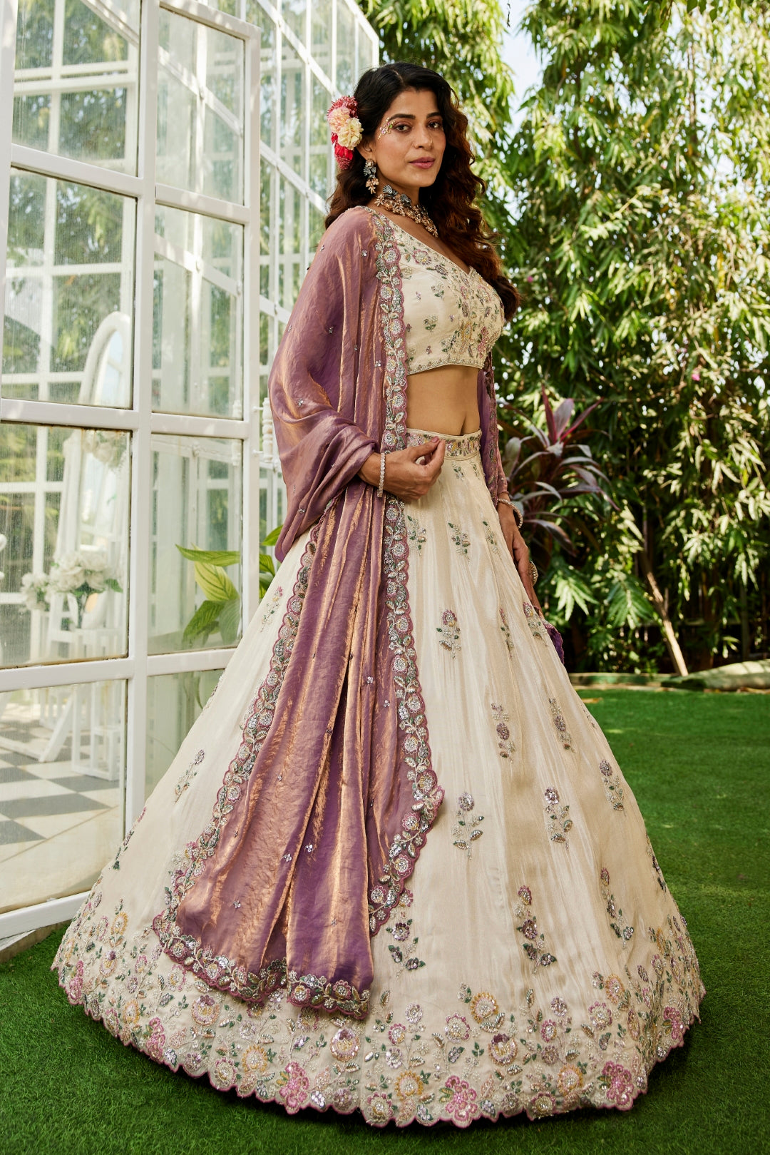Cream colour tissue with Sequins & Thread Embroidered Semi-Stitched Lehenga Choli with Dupatta Clothsvilla