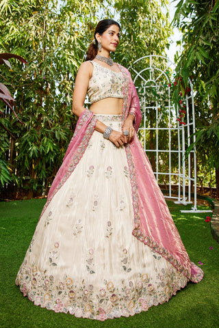 Cream colour tissue with Sequins & Thread Embroidered Semi-Stitched Lehenga Choli with Dupatta Clothsvilla